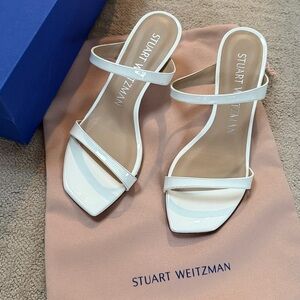 Stuart Weitzman Aleena 50 White Patent Leather Block Heel Sandals Size 8.5